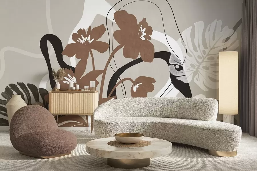 murais de parede Flores castanhas abstratas com textura e formas brancas e pretas sobre um fundo bege, arte minimalista w09645v1