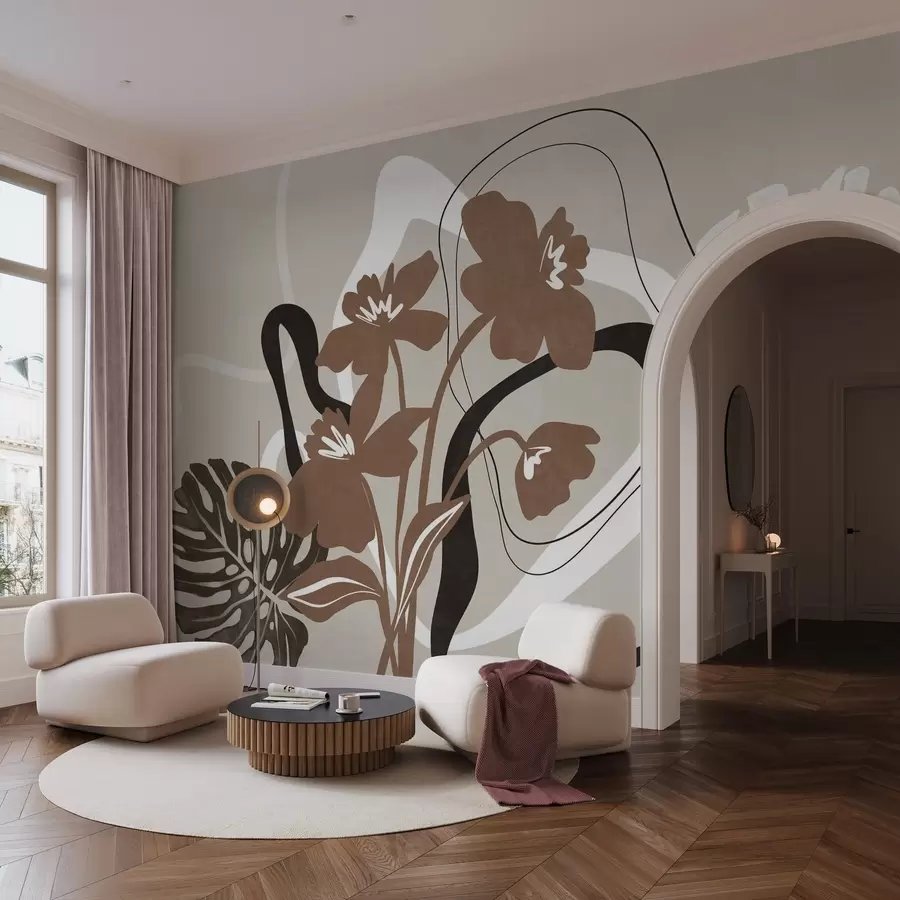 murais de parede Flores castanhas abstratas com textura e formas brancas e pretas sobre um fundo bege, arte minimalista w09645v1