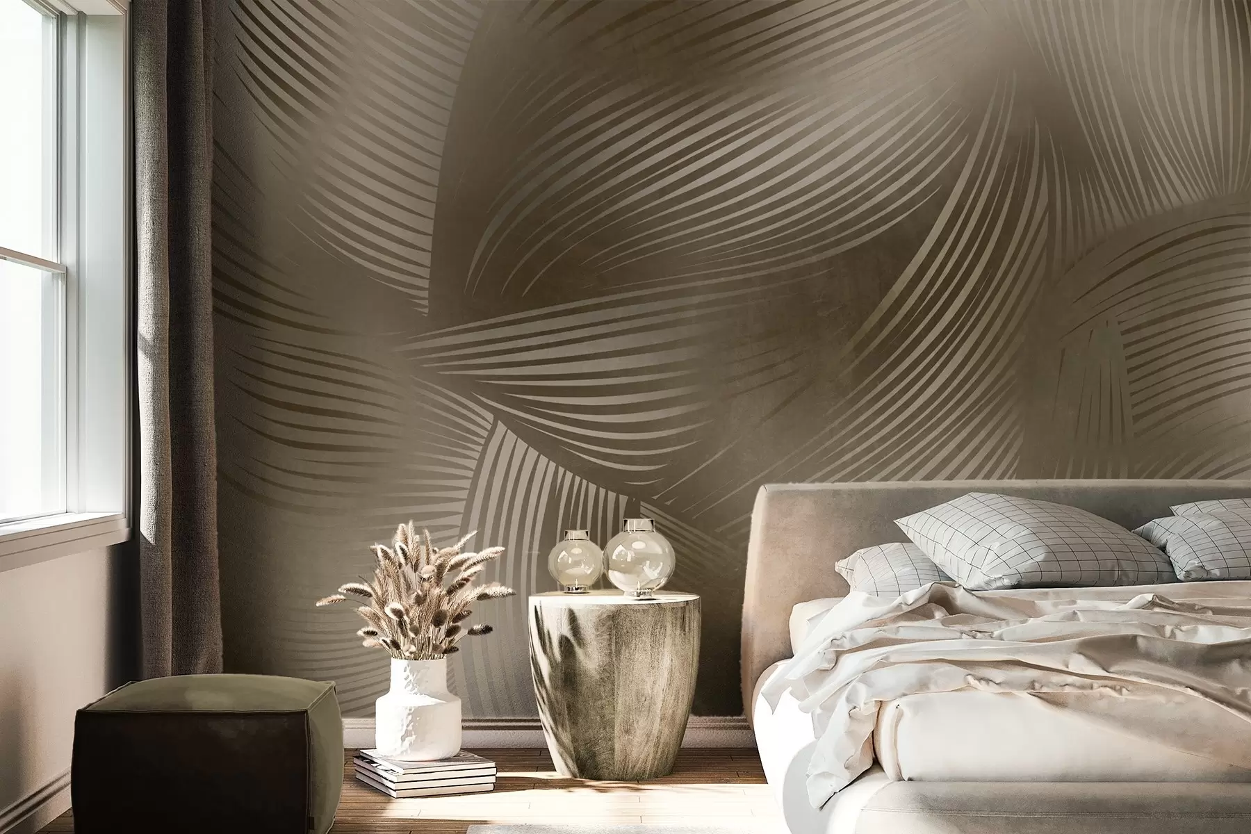 murais de parede Impressão abstrata de linhas fluidas e curvas em tons de castanho escuro, criando uma arte moderna e texturizada. w09646