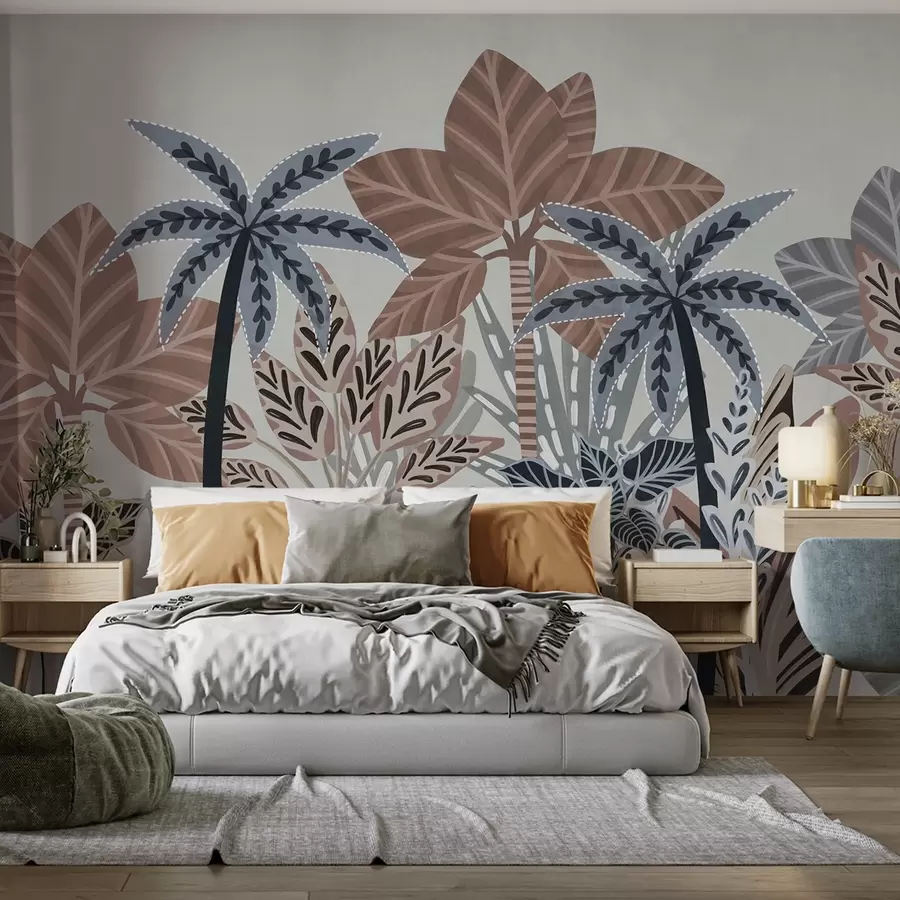 murais de parede Plantas tropicais texturizadas e palmeiras com cores suaves em estilo boho decorativo contra um fundo cinzento w09639v1