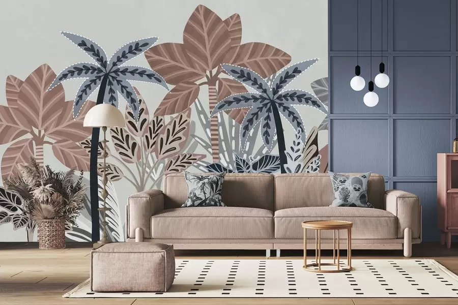 murais de parede Plantas tropicais texturizadas e palmeiras com cores suaves em estilo boho decorativo contra um fundo cinzento w09639v1