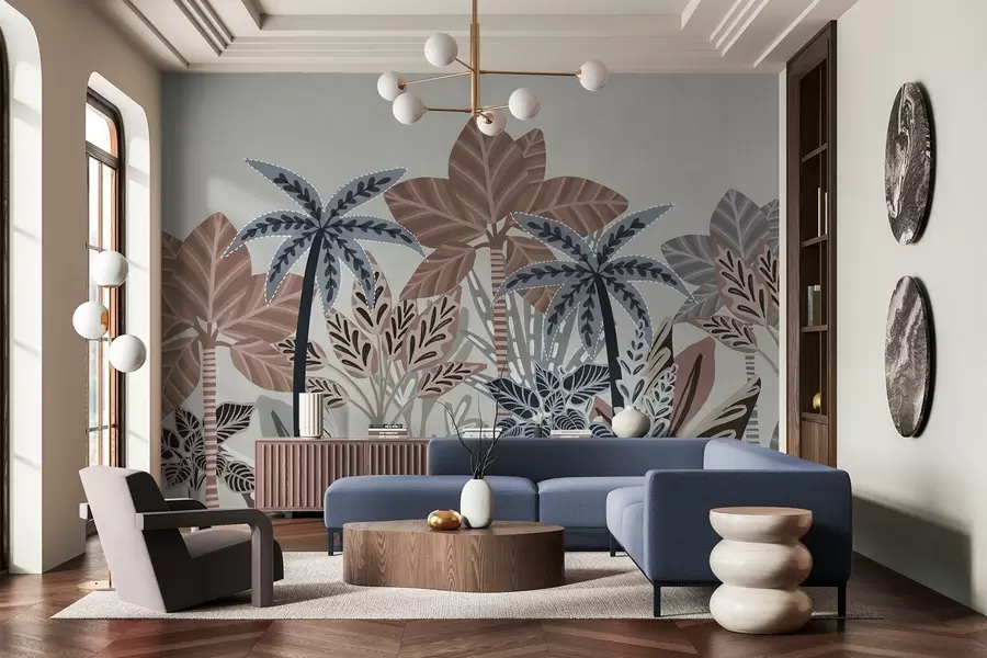 murais de parede Plantas tropicais texturizadas e palmeiras com cores suaves em estilo boho decorativo contra um fundo cinzento w09639v1
