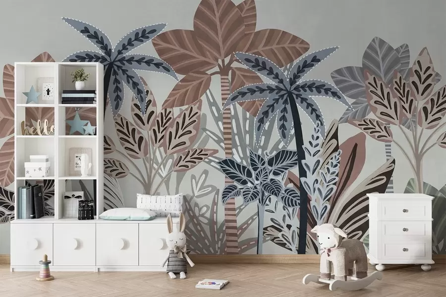 murais de parede Plantas tropicais texturizadas e palmeiras com cores suaves em estilo boho decorativo contra um fundo cinzento w09639v1
