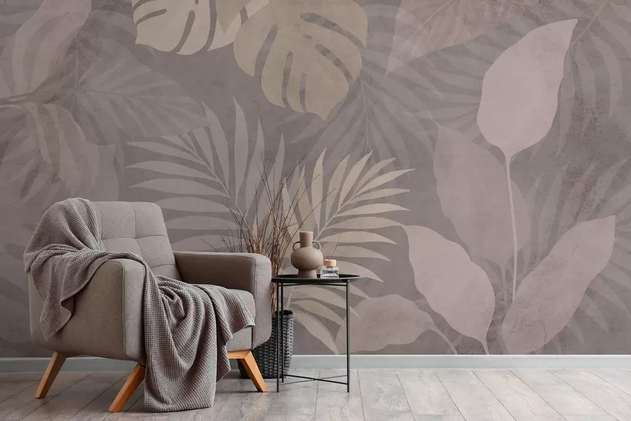 murais de parede folhas tropicais texturizadas sobre fundo cinzento w05063v1
