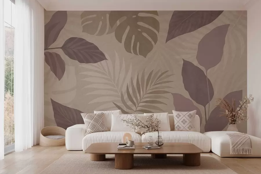murais de parede folhas tropicais texturizadas sobre fundo arenoso w05063