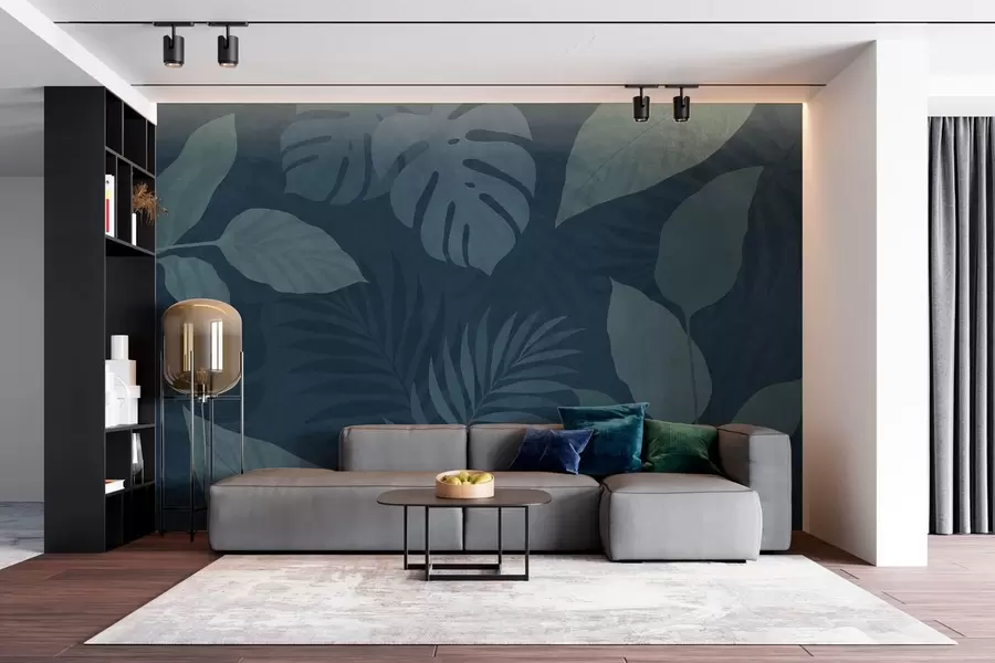murais de parede folhas tropicais texturizadas sobre um fundo azul escuro w05063v3