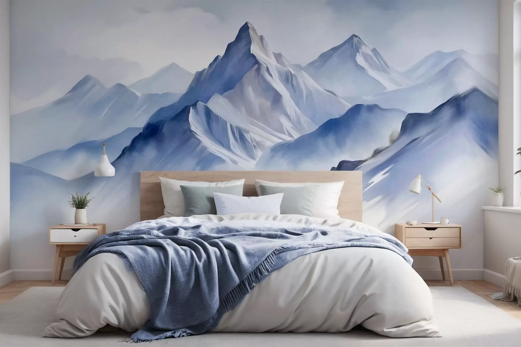 murais de parede Montanhas nevadas texturizadas com um efeito suave de aquarela e uma paleta de azuis e brancos w09630