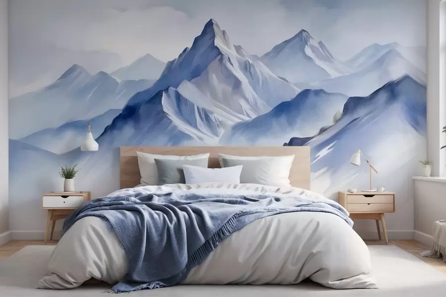 murais de parede Montanhas nevadas texturizadas com um efeito suave de aquarela e uma paleta de azuis e brancos w09630
