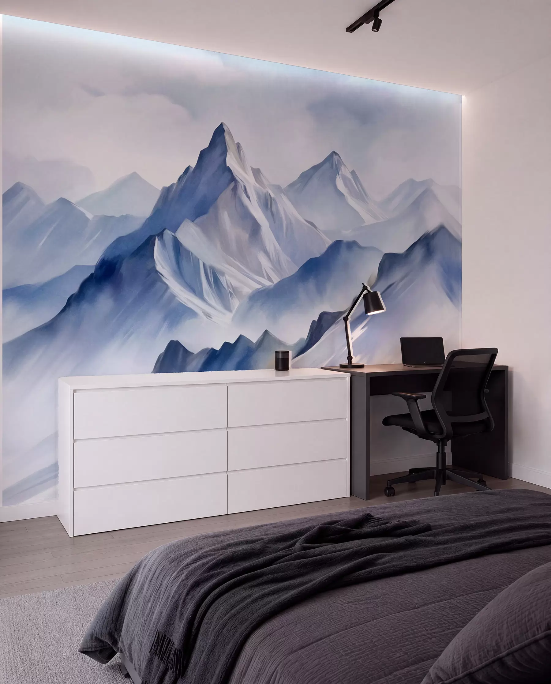 murais de parede Montanhas nevadas texturizadas com um efeito suave de aquarela e uma paleta de azuis e brancos w09630