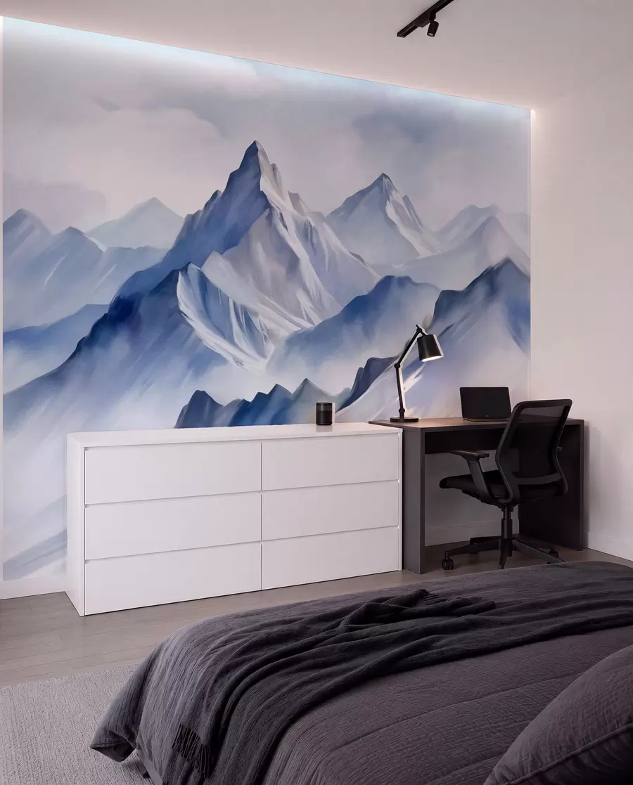 murais de parede Montanhas nevadas texturizadas com um efeito suave de aquarela e uma paleta de azuis e brancos w09630
