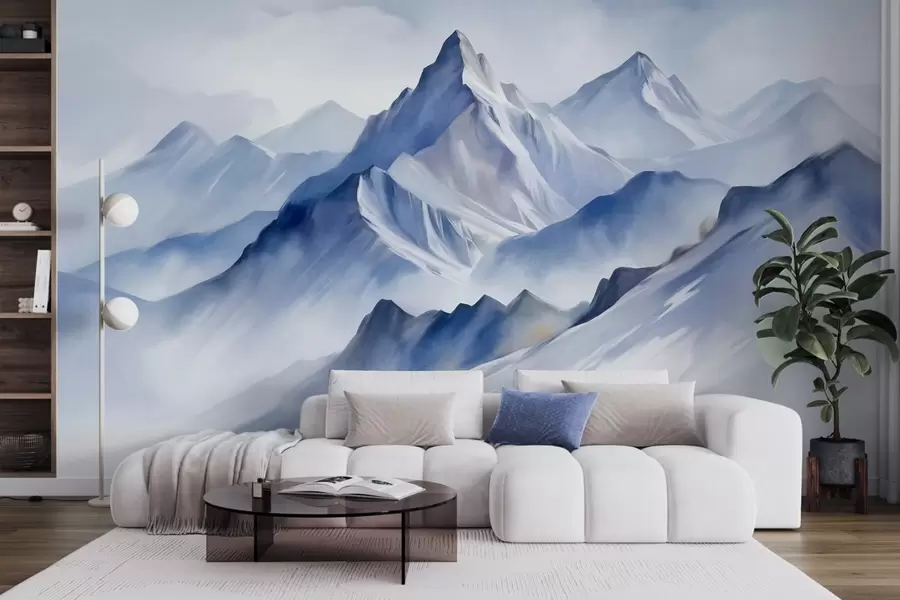 murais de parede Montanhas nevadas texturizadas com um efeito suave de aquarela e uma paleta de azuis e brancos w09630