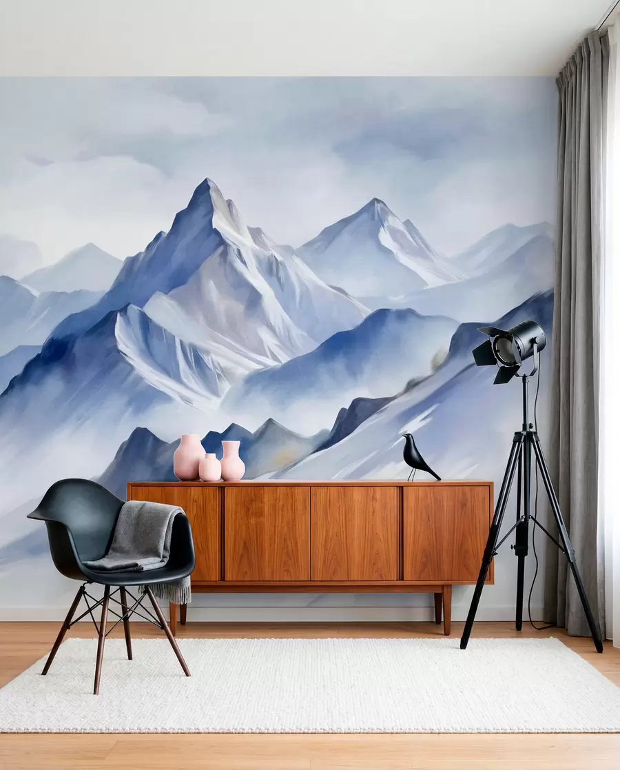 murais de parede Montanhas nevadas texturizadas com um efeito suave de aquarela e uma paleta de azuis e brancos w09630