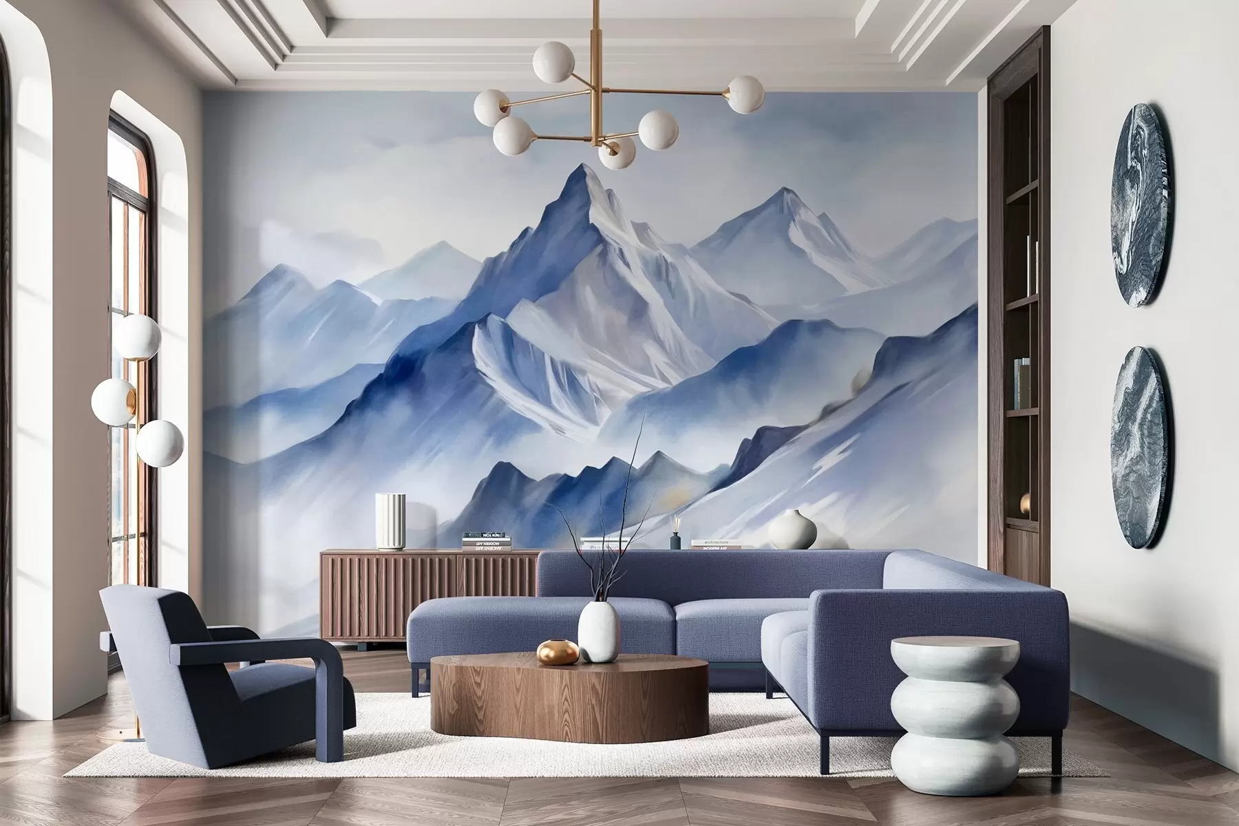 murais de parede Montanhas nevadas texturizadas com um efeito suave de aquarela e uma paleta de azuis e brancos w09630