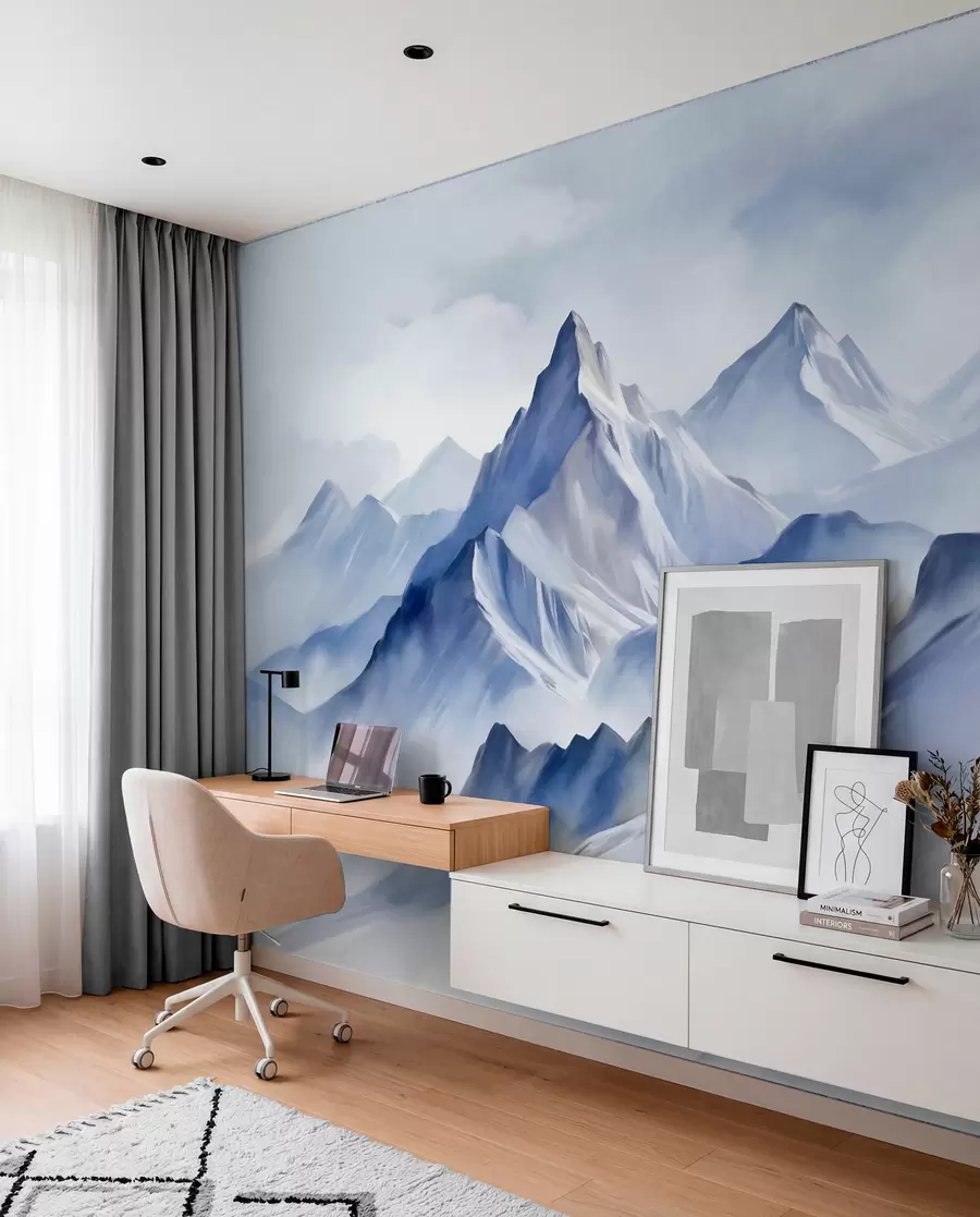 murais de parede Montanhas nevadas texturizadas com um efeito suave de aquarela e uma paleta de azuis e brancos w09630