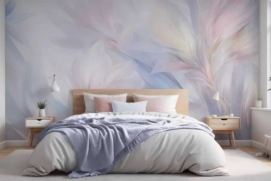 murais de parede Folhas suaves em tons pastel e penas em tons de rosa, azul e amarelo, estampado abstrato e texturado w09634