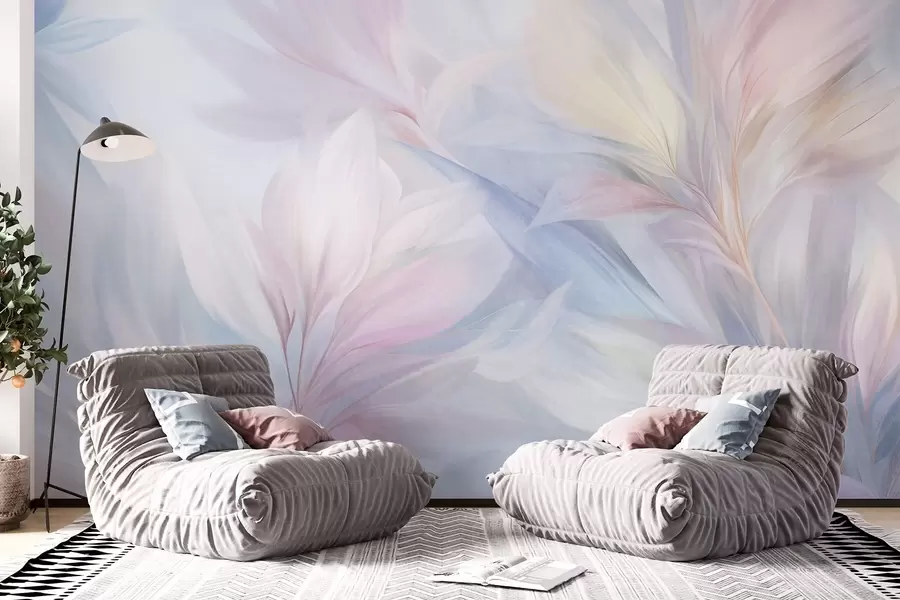 murais de parede Folhas suaves em tons pastel e penas em tons de rosa, azul e amarelo, estampado abstrato e texturado w09634