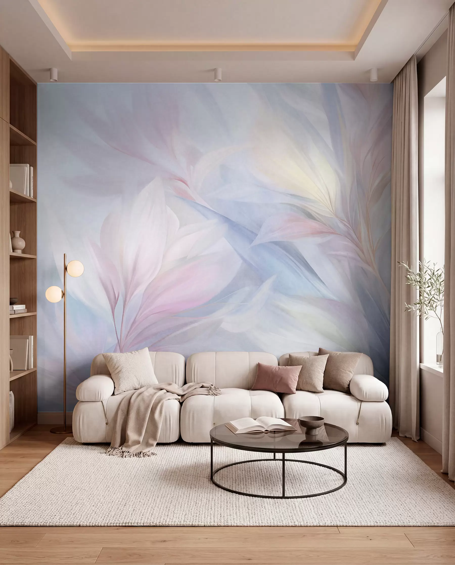 murais de parede Folhas suaves em tons pastel e penas em tons de rosa, azul e amarelo, estampado abstrato e texturado w09634