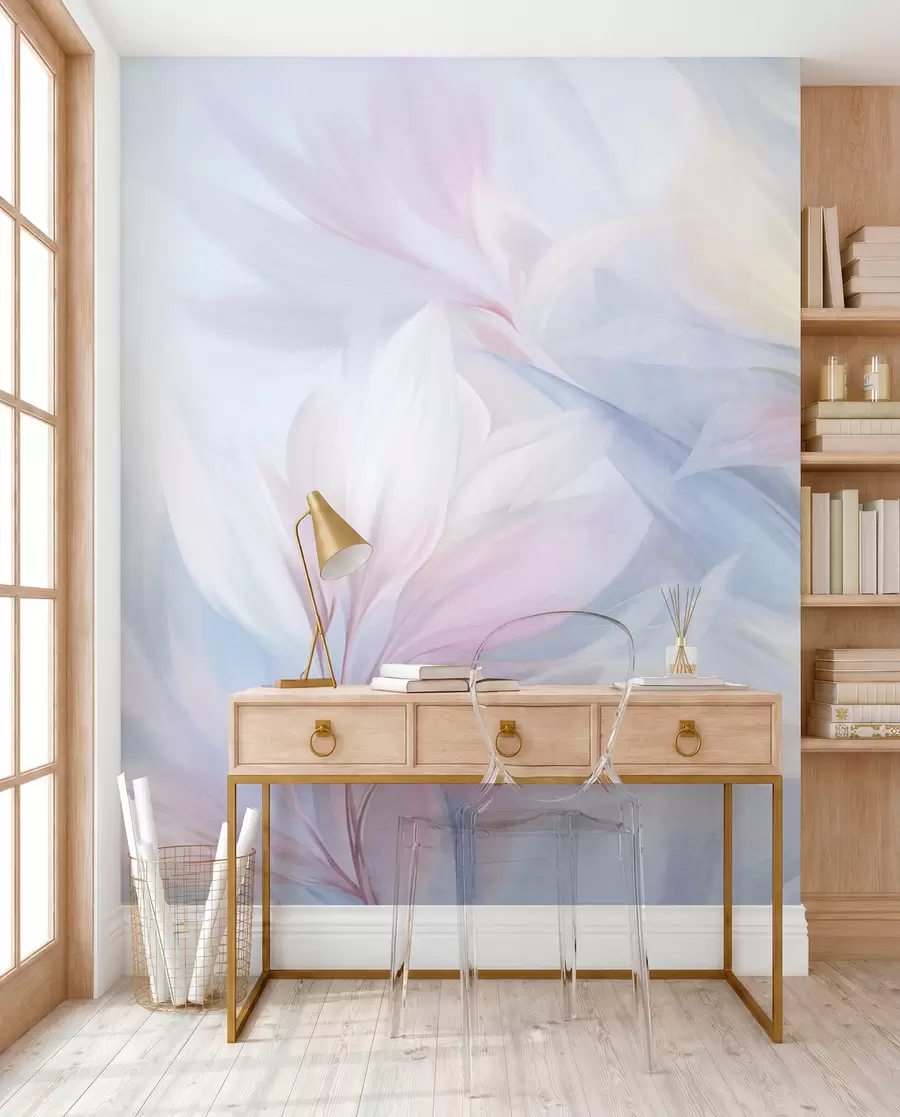 murais de parede Folhas suaves em tons pastel e penas em tons de rosa, azul e amarelo, estampado abstrato e texturado w09634