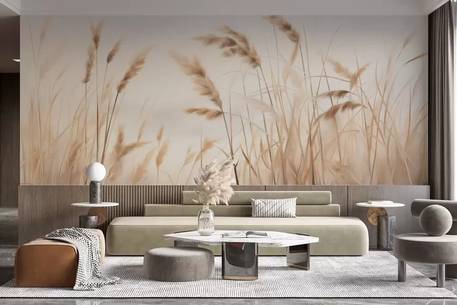 murais de parede Erva seca alta e texturada com espigas de trigo no campo contra um fundo suave e pálido w09648