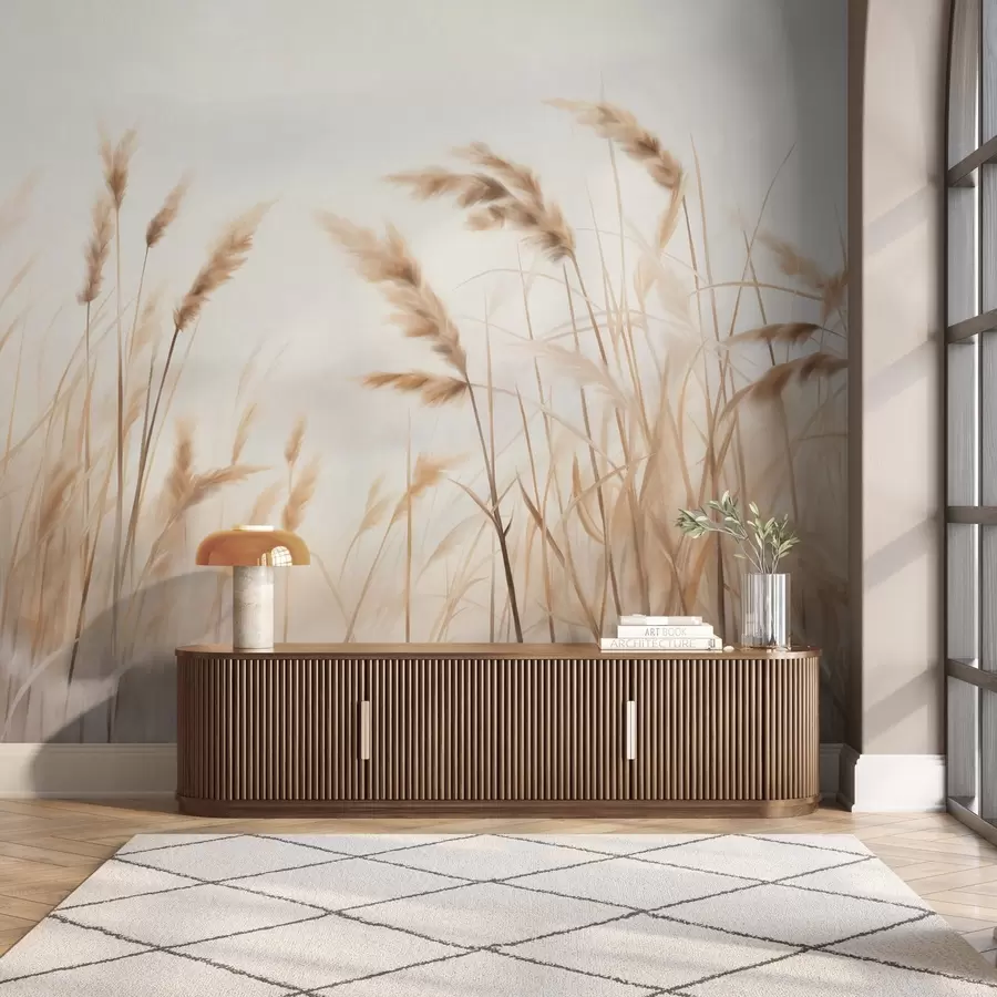 murais de parede Erva seca alta e texturada com espigas de trigo no campo contra um fundo suave e pálido w09648