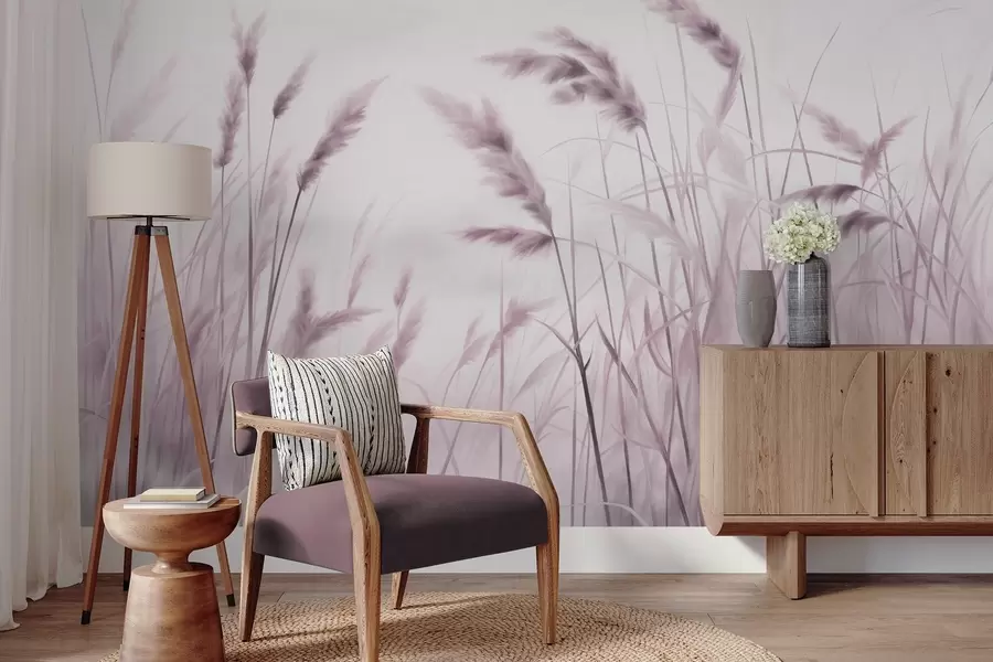 murais de parede Erva seca alta e texturada com espigas de trigo no campo contra um fundo suave e pálido w09648v2