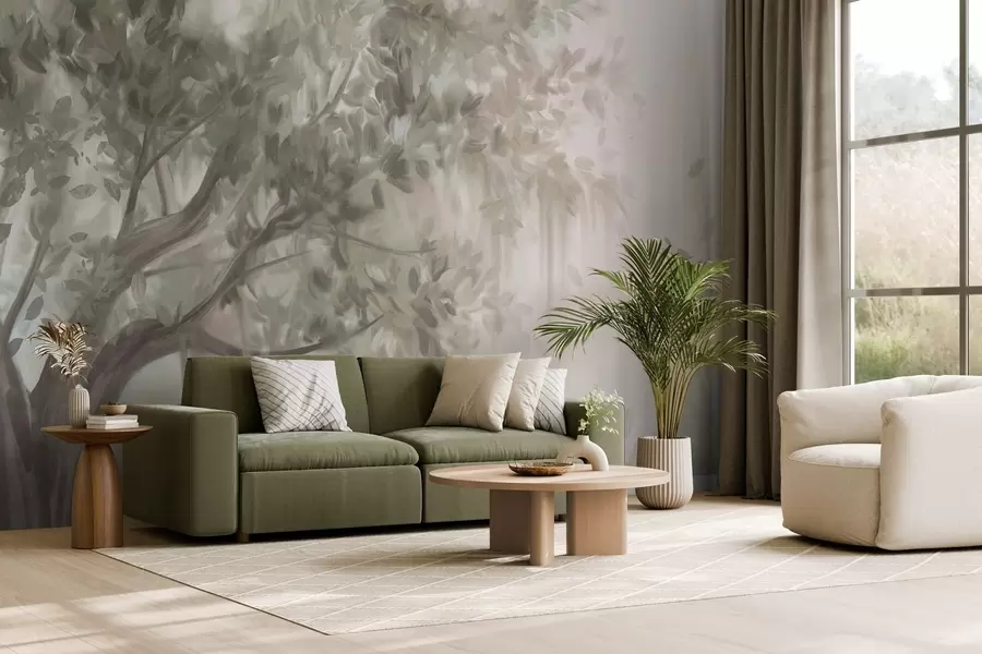 murais de parede Árvore texturizada com folhas e ramos verdes claros, com um fundo suave e nebuloso w09650