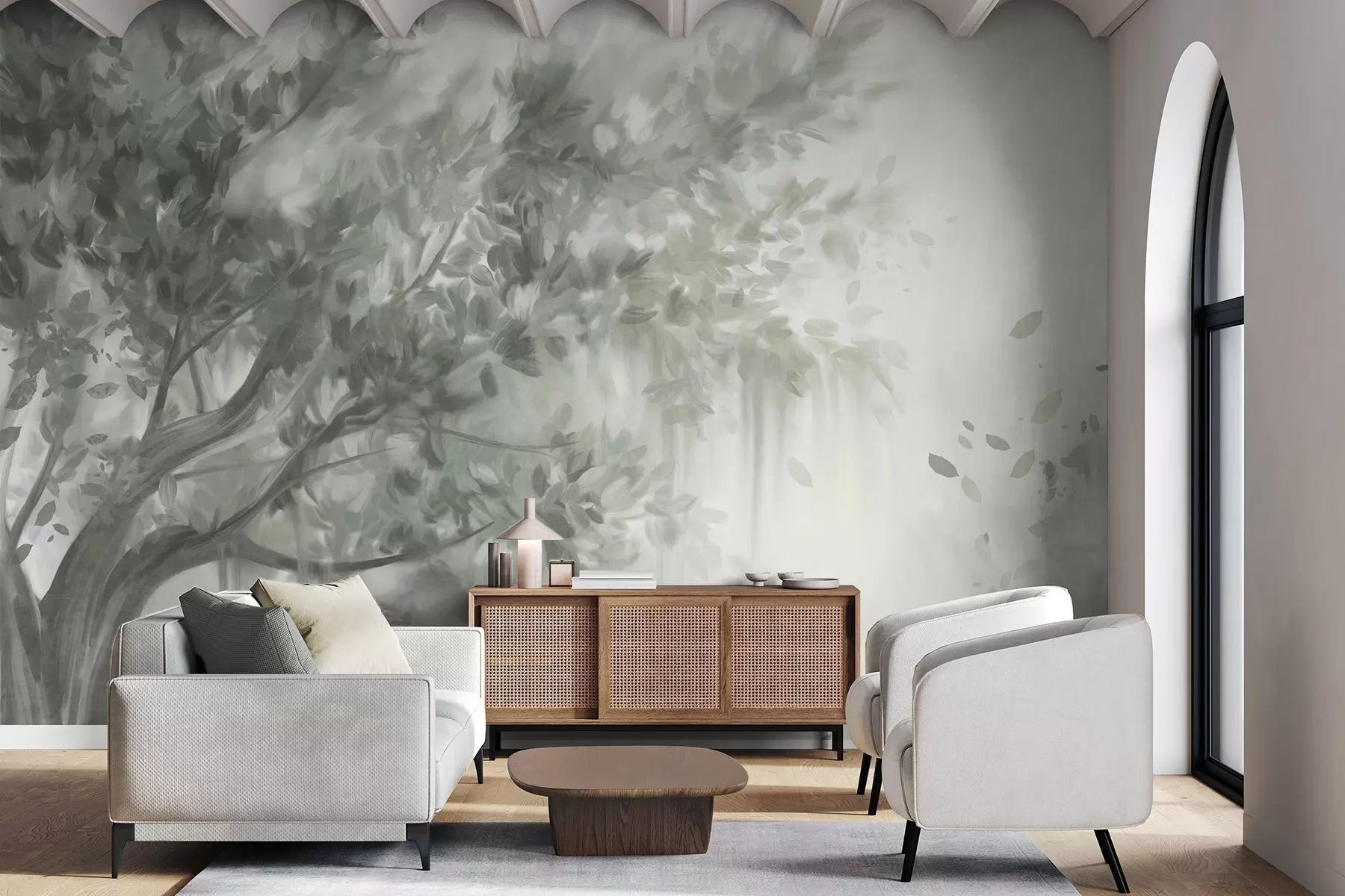 murais de parede Árvore texturizada com folhas e galhos verdes, com um fundo suave e nebuloso w09650v1