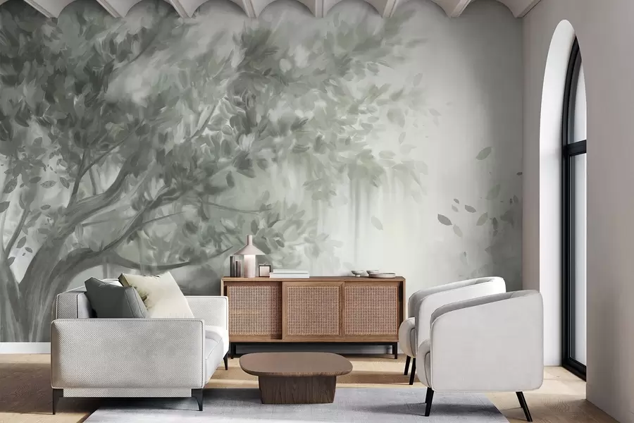 murais de parede Árvore texturizada com folhas e galhos verdes, com um fundo suave e nebuloso w09650v1