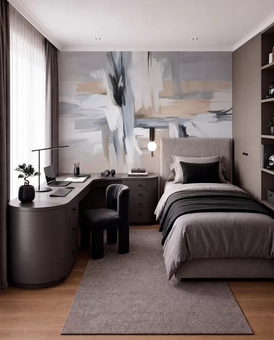 murais de parede Pintura abstrata com textura e pinceladas em tons de branco, cinza e bege w09651