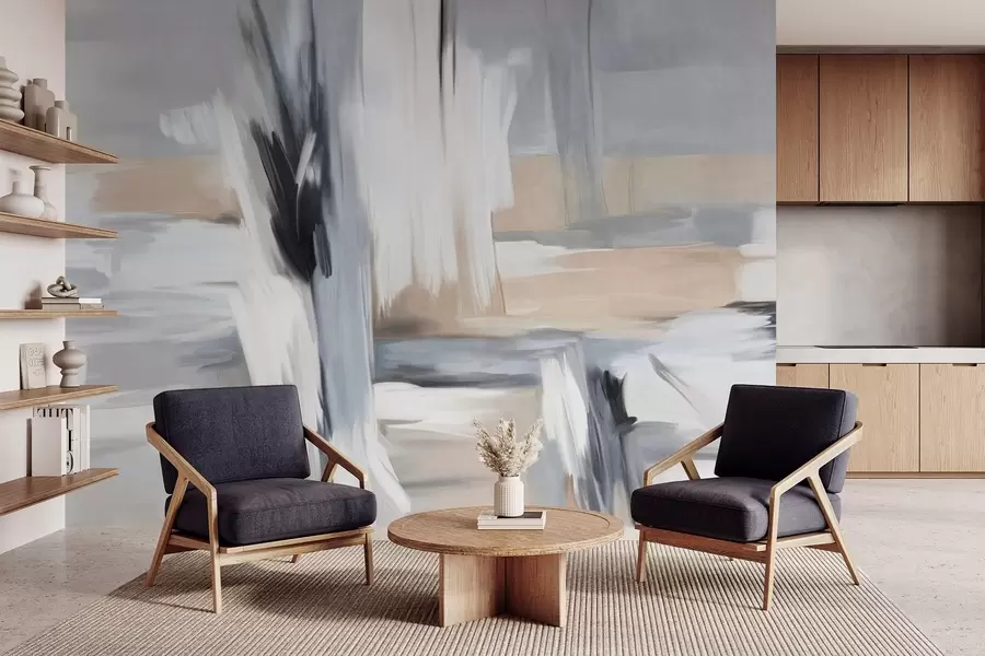 murais de parede Pintura abstrata com textura e pinceladas em tons de branco, cinza e bege w09651