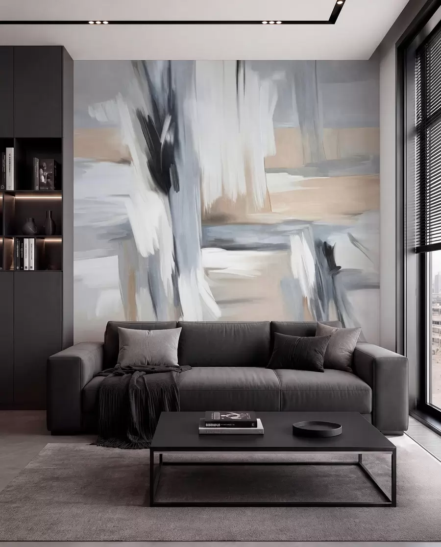 murais de parede Pintura abstrata com textura e pinceladas em tons de branco, cinza e bege w09651
