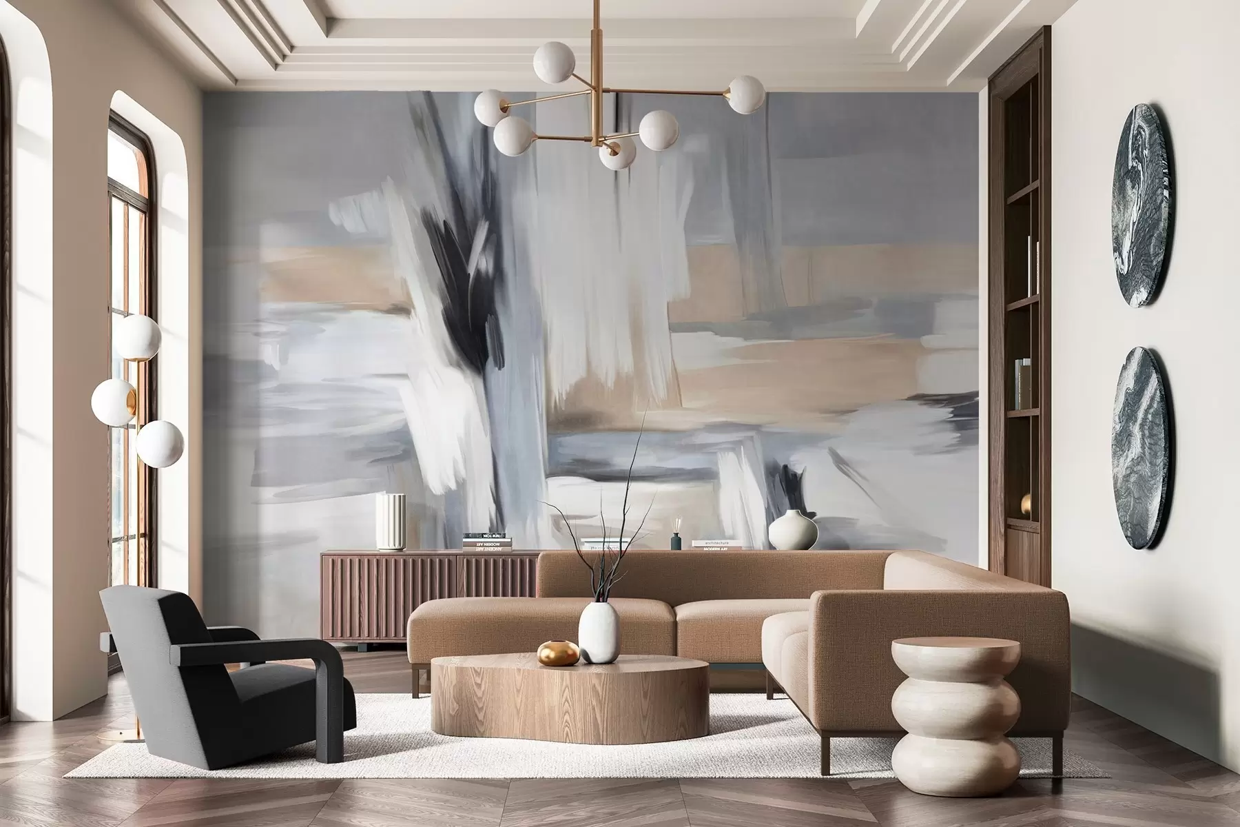 murais de parede Pintura abstrata com textura e pinceladas em tons de branco, cinza e bege w09651