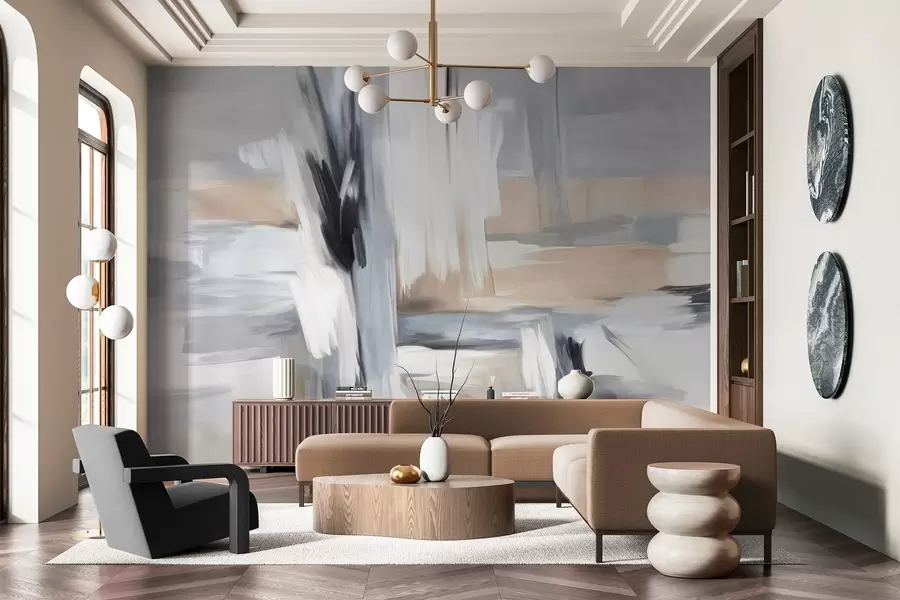 murais de parede Pintura abstrata com textura e pinceladas em tons de branco, cinza e bege w09651