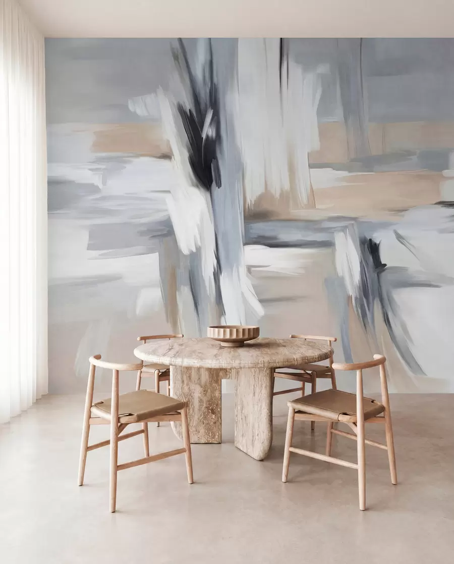 murais de parede Pintura abstrata com textura e pinceladas em tons de branco, cinza e bege w09651