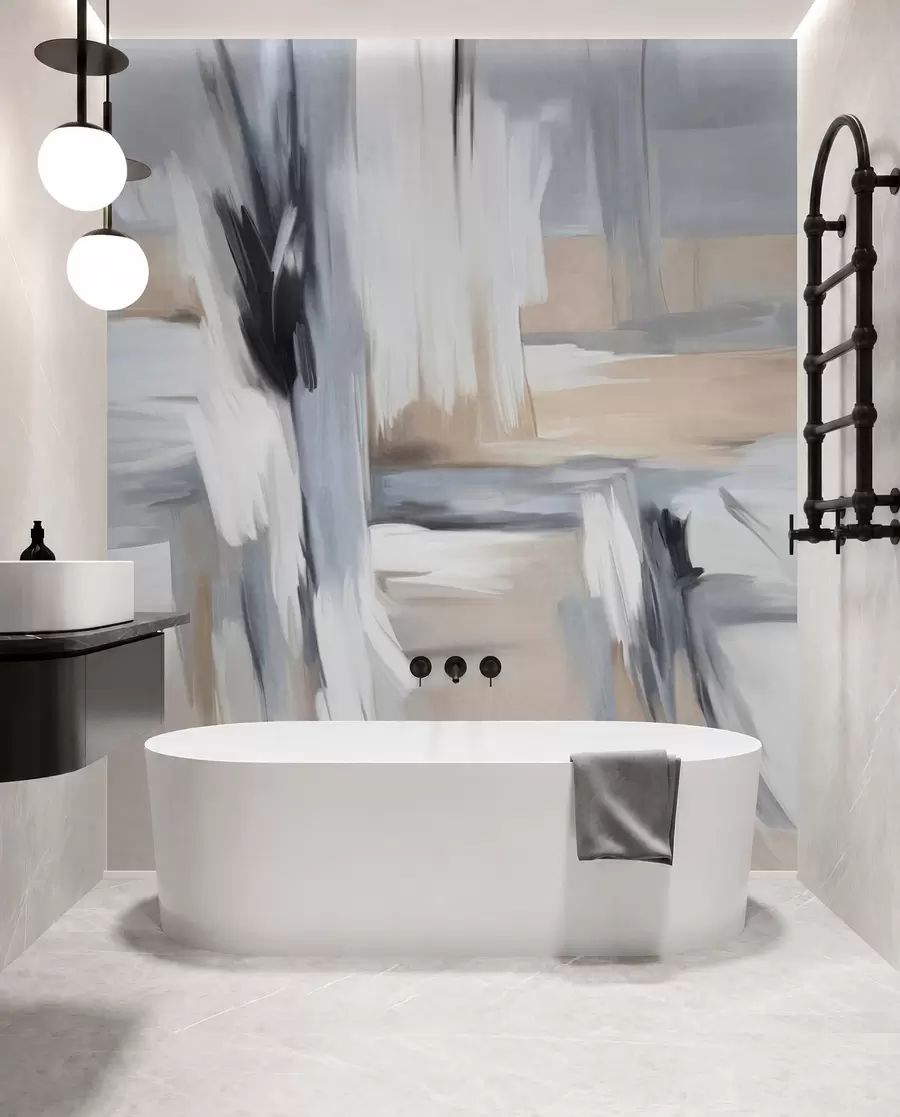 murais de parede Pintura abstrata com textura e pinceladas em tons de branco, cinza e bege w09651