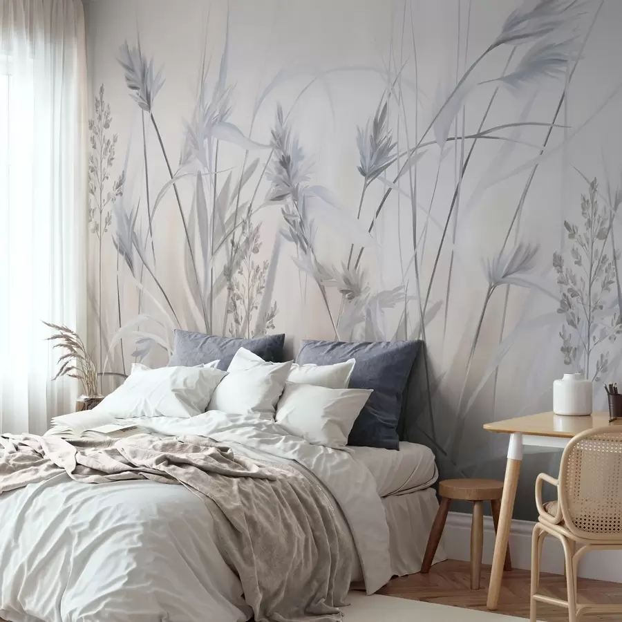 murais de parede Talos altos e secos de erva com pontas plumosas em tons suaves, fundo branco e bege suave e nebuloso w09652v1