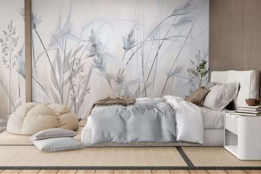 murais de parede Talos altos e secos de erva com pontas plumosas em tons suaves, fundo branco e bege suave e nebuloso w09652v1