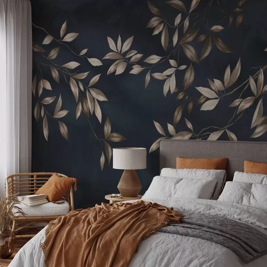 murais de parede Ramos folhosos decorativos sobre um fundo azul profundo w05113v1
