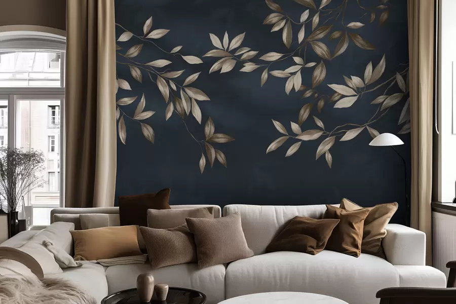murais de parede Ramos folhosos decorativos sobre um fundo azul profundo w05113v1