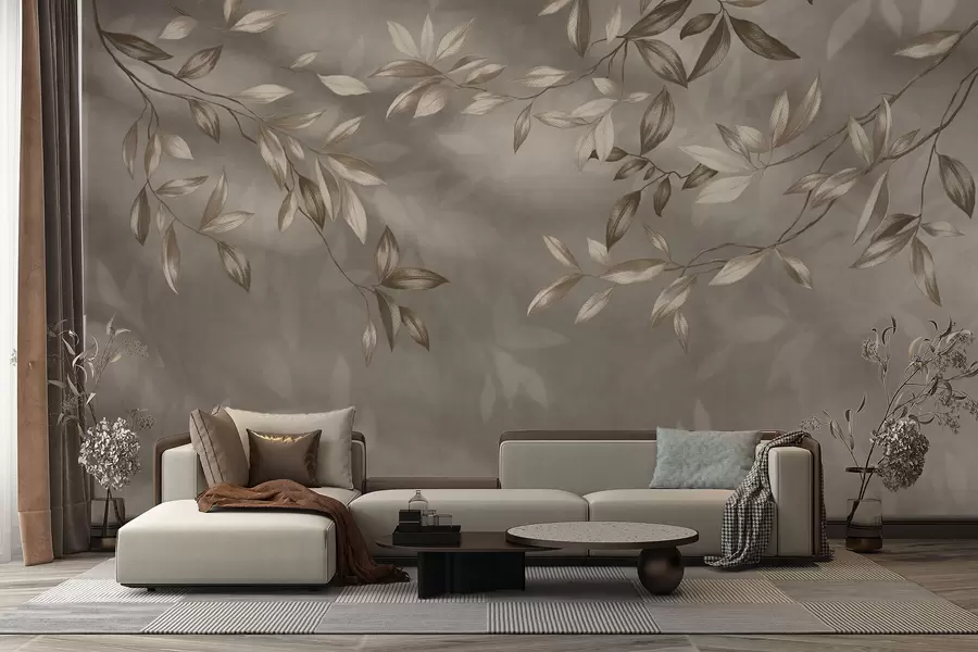 murais de parede Ramos delicados com folhas em tons bege sobre um fundo claro w05113v2
