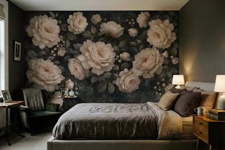 murais de parede Flores volumosas em tons de bege sobre fundo escuro w05114