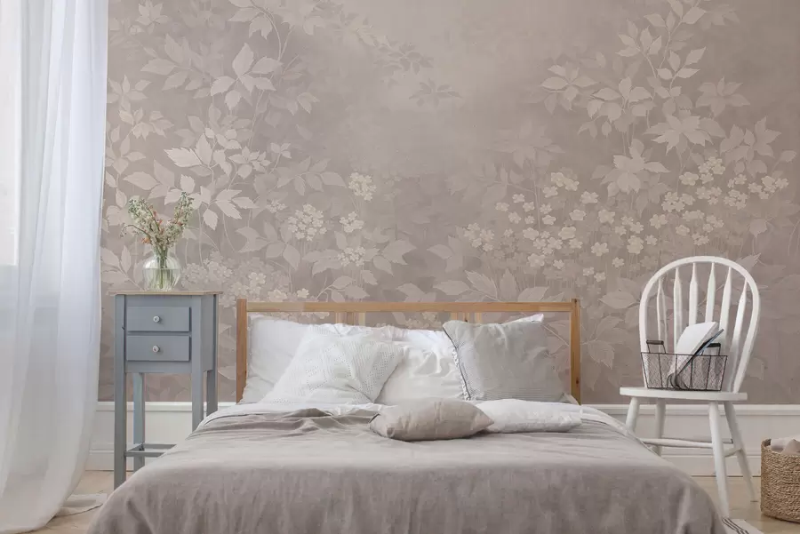murais de parede Ornamento botânico leve com folhas e pequenas flores w05115