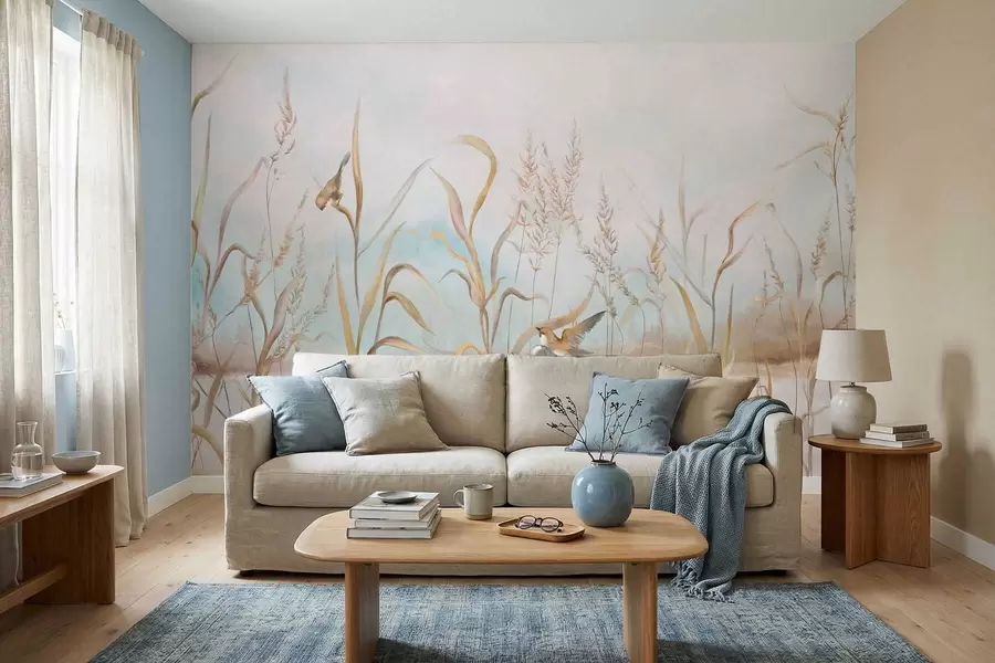 murais de parede Ilustração de juncos e pássaros à beira da água em tons suaves w05125