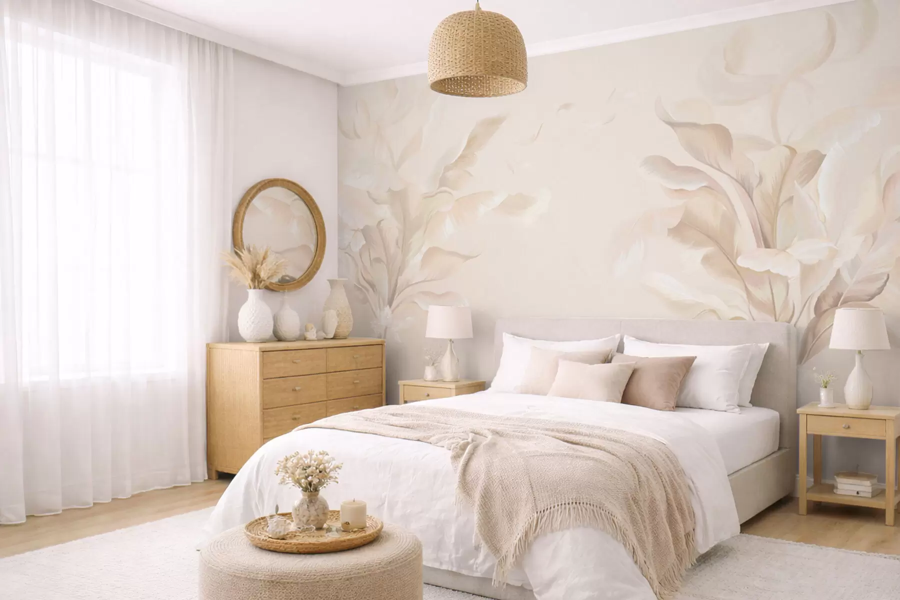 murais de parede Plantas decorativas arejadas em tons cremosos quentes w05126