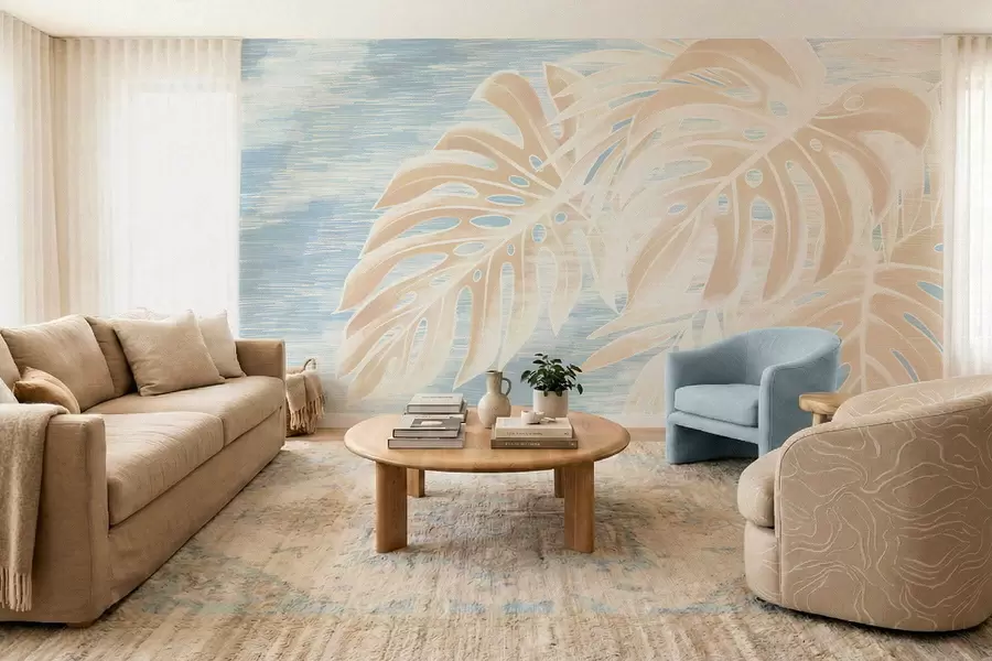 murais de parede Folhas abstratas em tons bege quentes sobre um fundo claro w05130