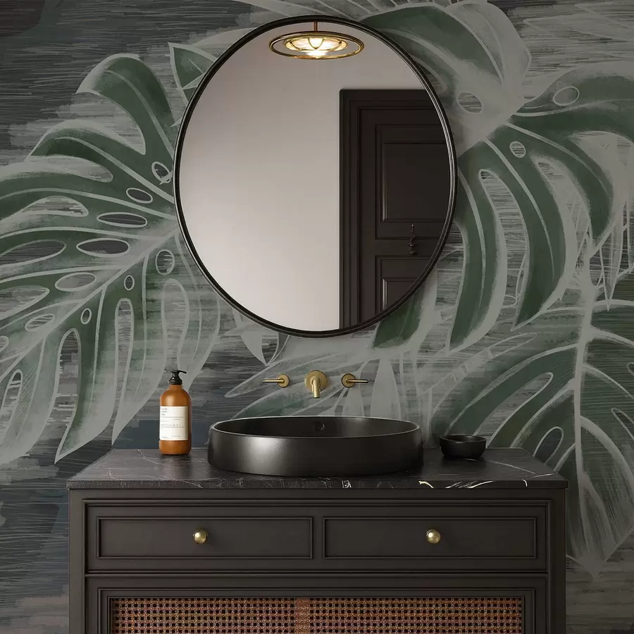 murais de parede Folhas verdes escuras sobre um fundo escuro texturizado w05130v4