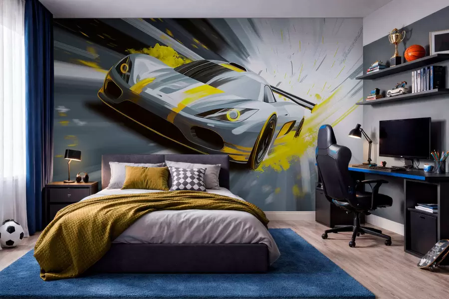 murais de parede carro desportivo dinâmico em estilo de desenho digital com detalhes em amarelo w05069v2