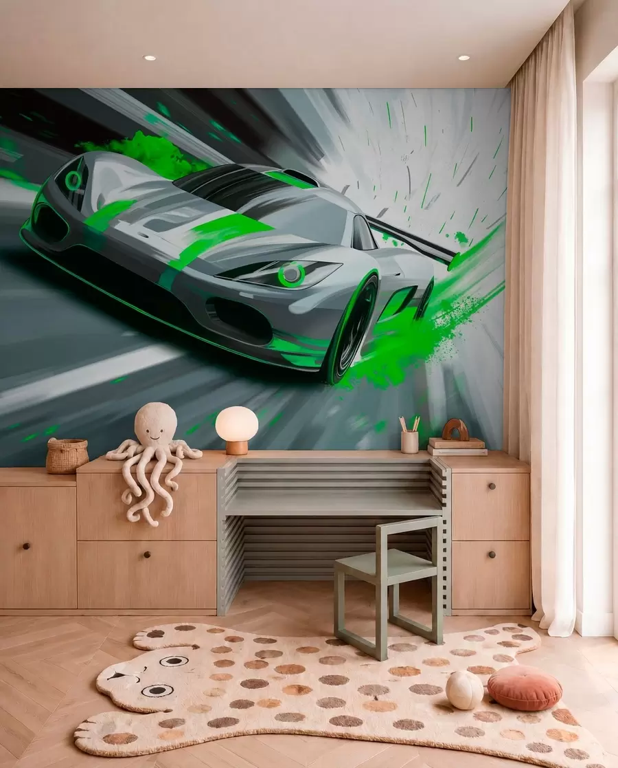 murais de parede carro desportivo dinâmico em estilo de desenho digital com detalhes em verde w05069v4