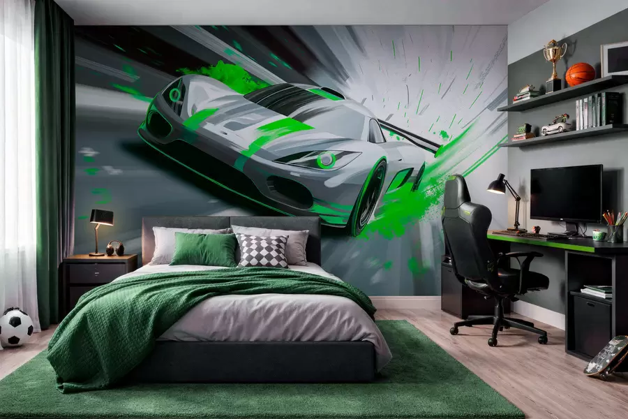murais de parede carro desportivo dinâmico em estilo de desenho digital com detalhes em verde w05069v4