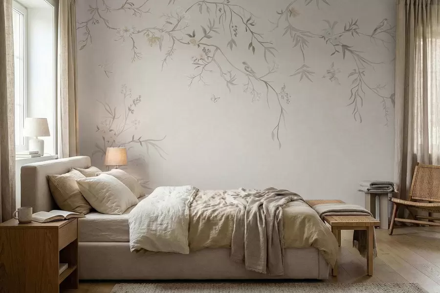 murais de parede Flores delicadas e pássaros sobre um fundo de giz w05127